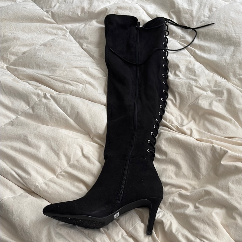 Torrid Black wide calf over the knee lace up back boots- lots of stretch
